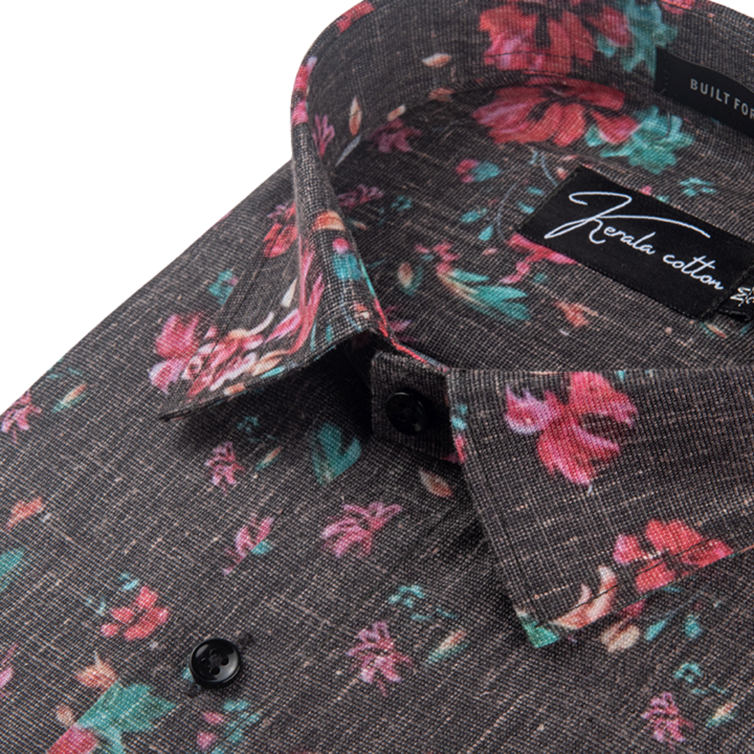 New Italian Linen Black With Red Flower Print Shirts