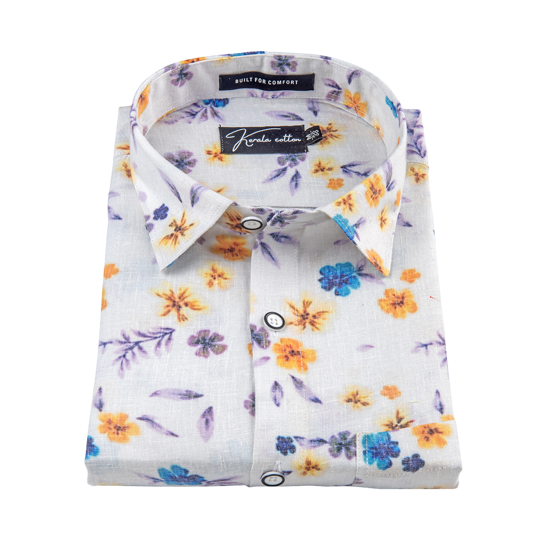New Italian Linen White With Golden Yellow Rama Flower Print