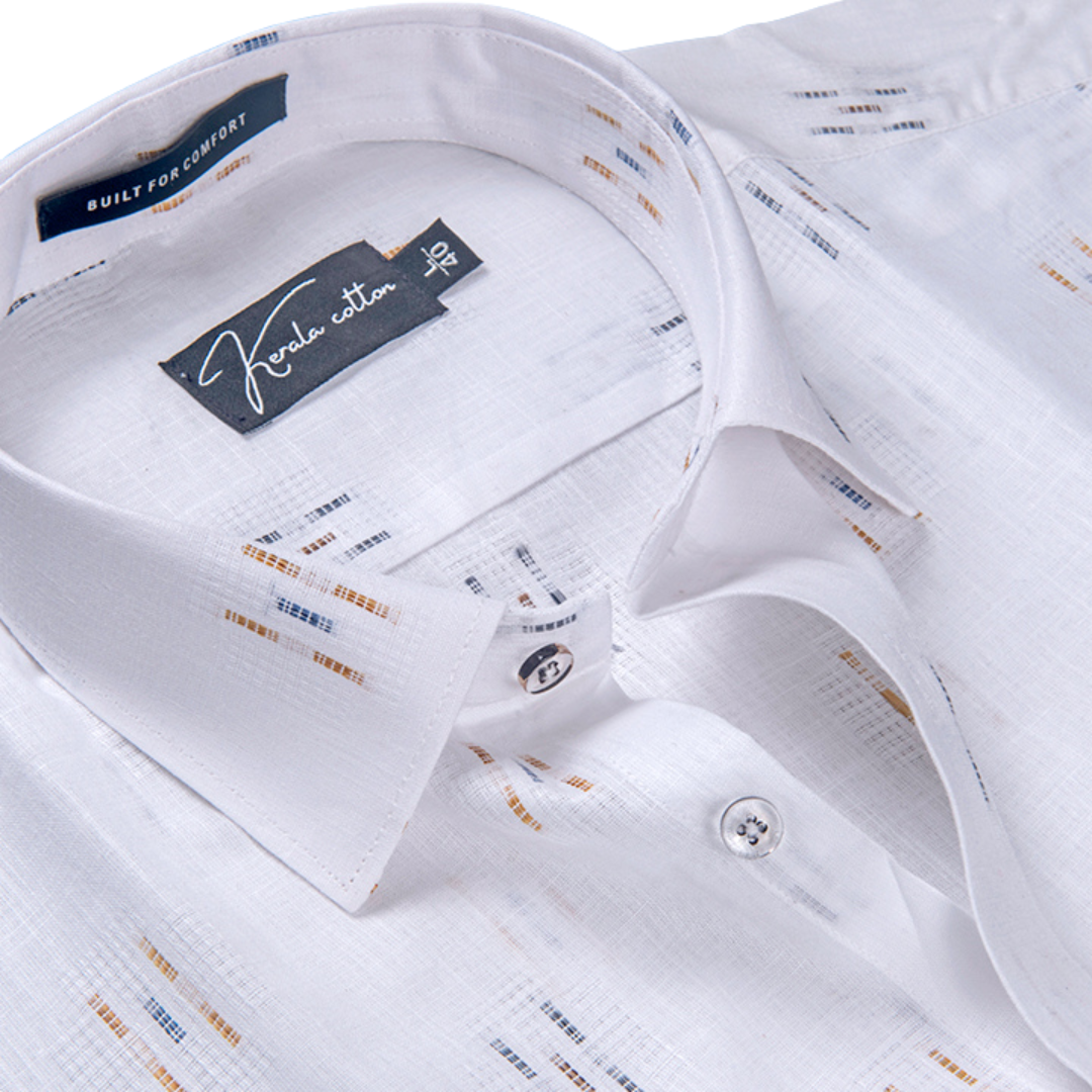 Linen Butta White With Three Lines Printed Shirts For Men