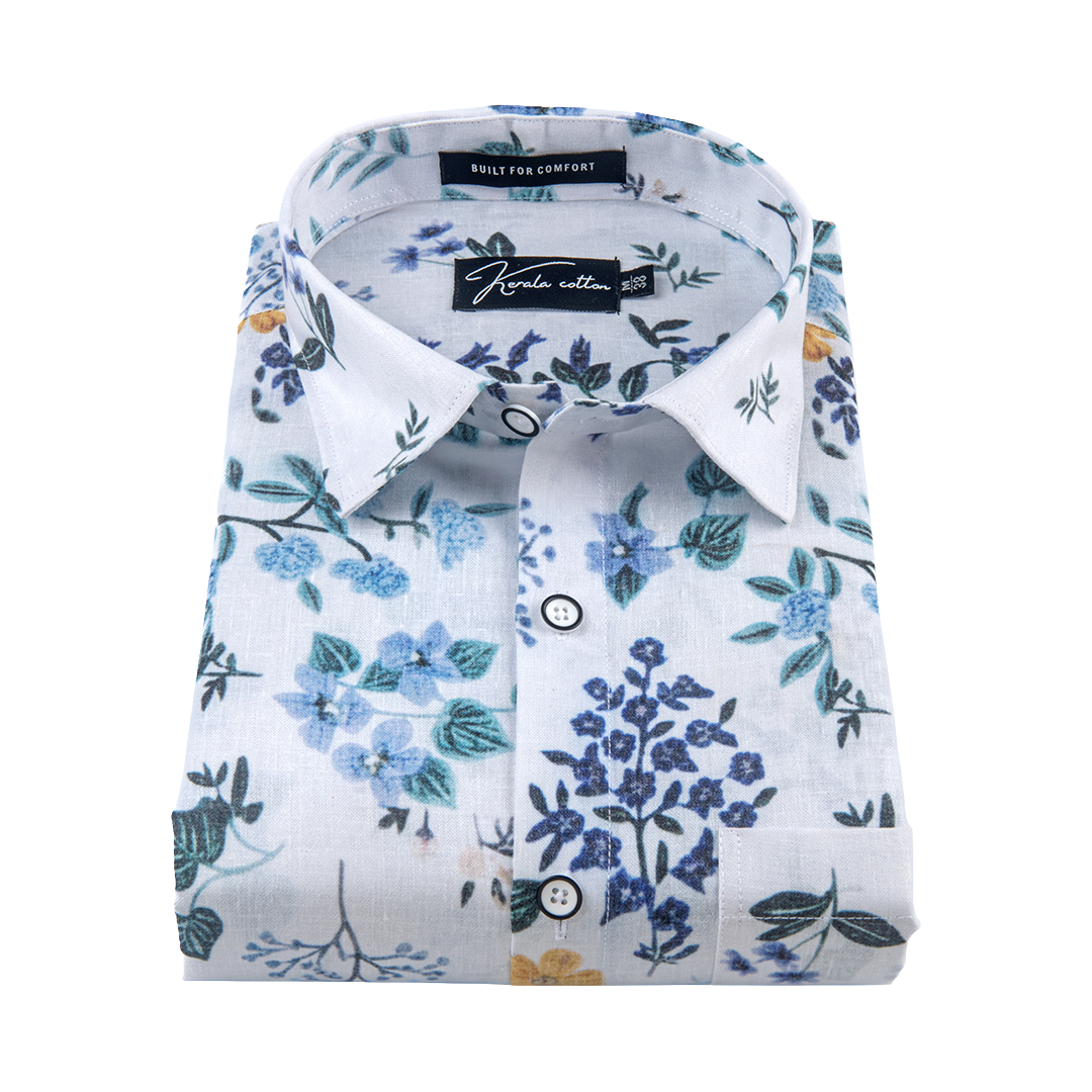 New Italian Linen White With Blue Flower Print Shirts For Men