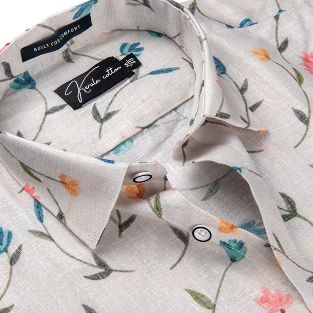 New Italian Linen Cream With Rama Pink Flower Print Shirts