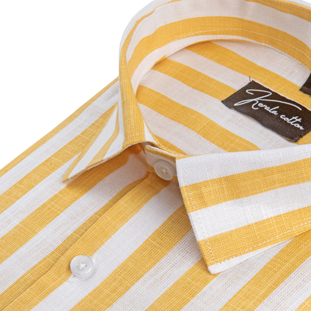 Linen White With Yellow Patta Print Shirts For Men
