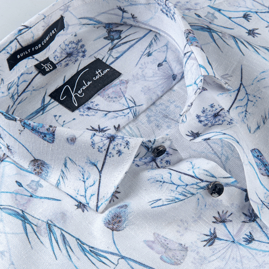 Italian linen White With Blue Flower Print