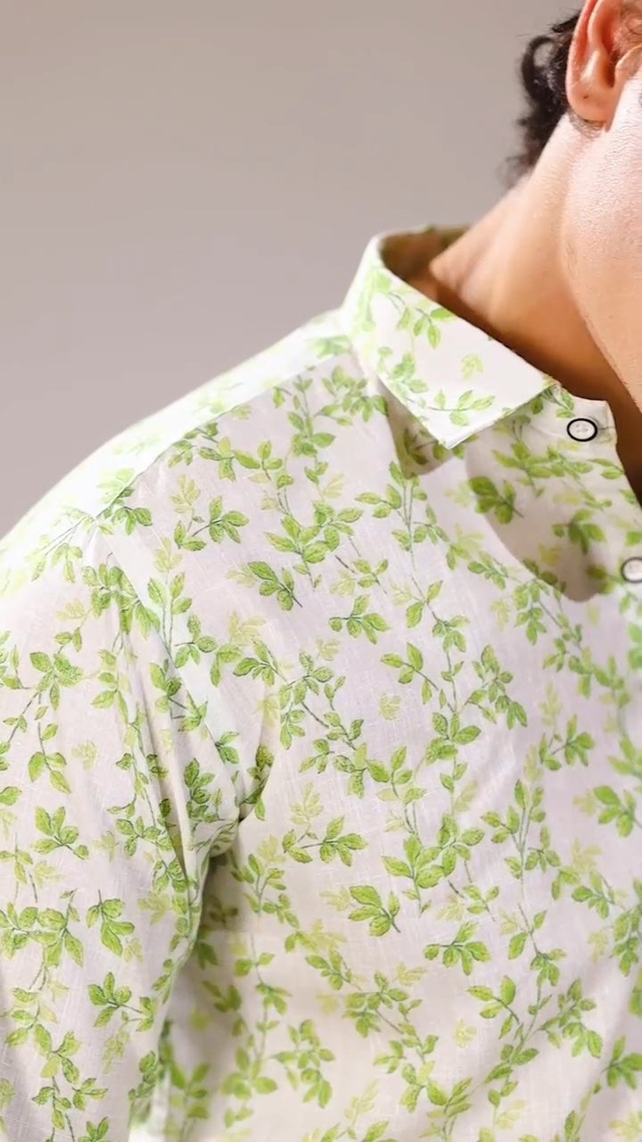 Italian linen White With Green Flower Print
