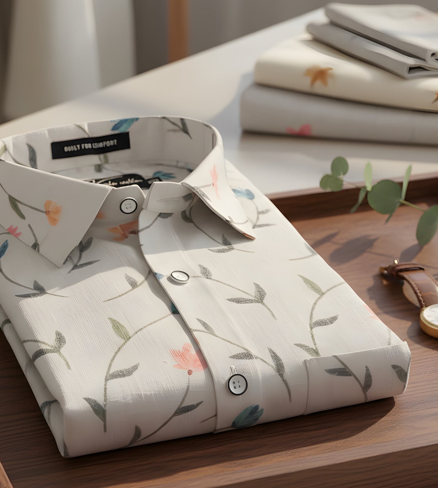 New Italian Linen Cream With Rama Pink Flower Print Shirts