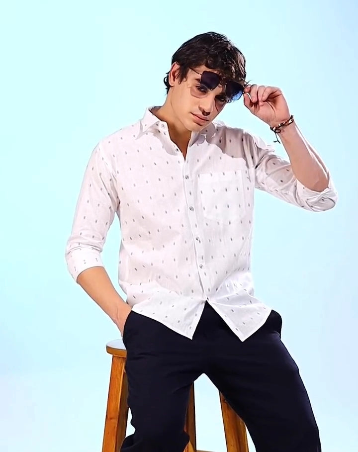Linen butta white with golden blue rectangle print shirts for men
