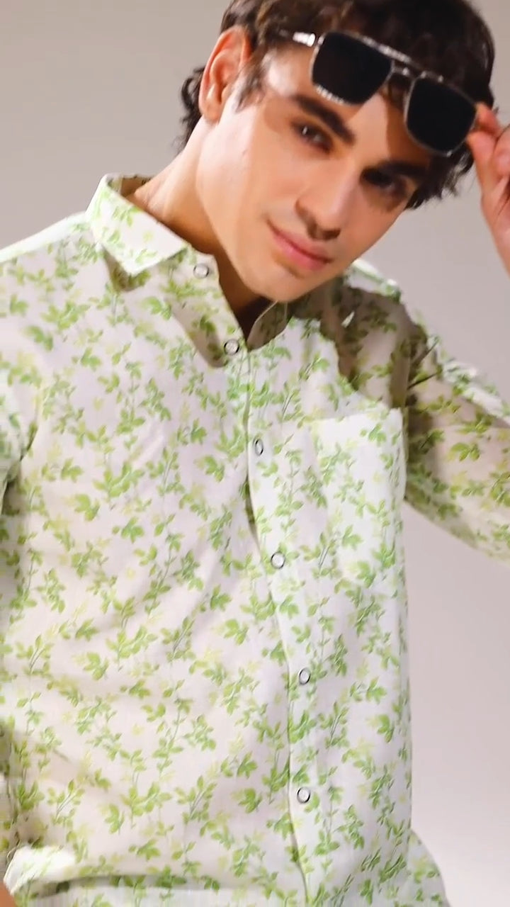 Italian linen White With Green Flower Print