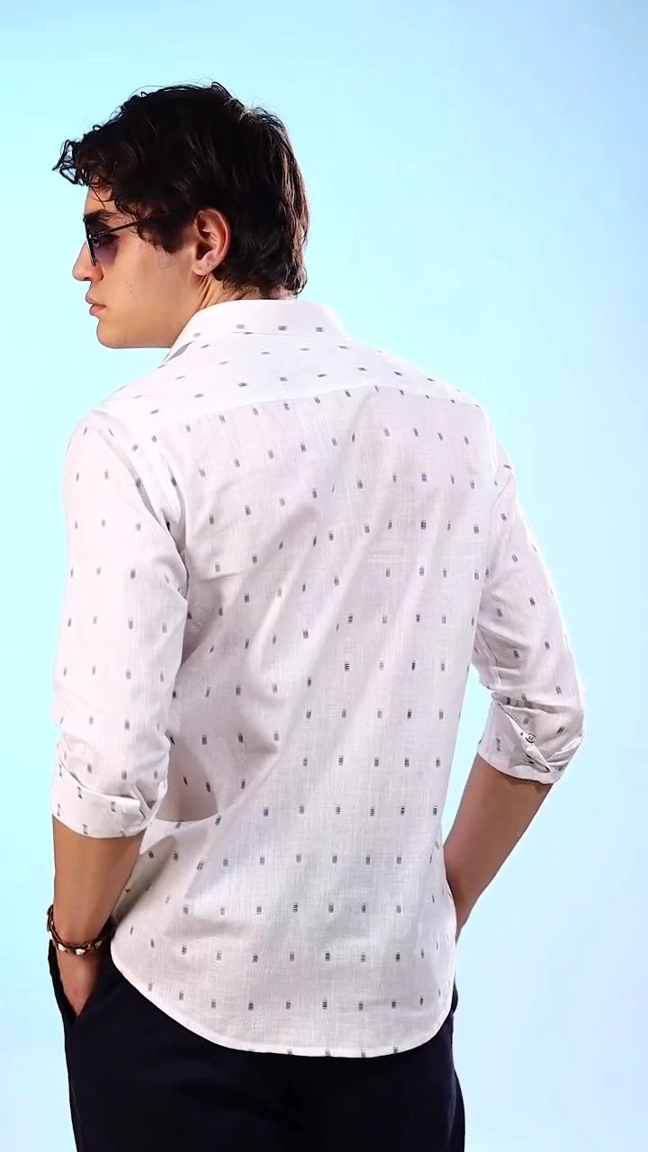 Linen butta white with golden blue rectangle print shirts for men