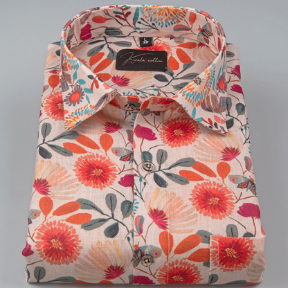 Rusiyano Linen Orange with Dark Red Flower Print Shirts for Men