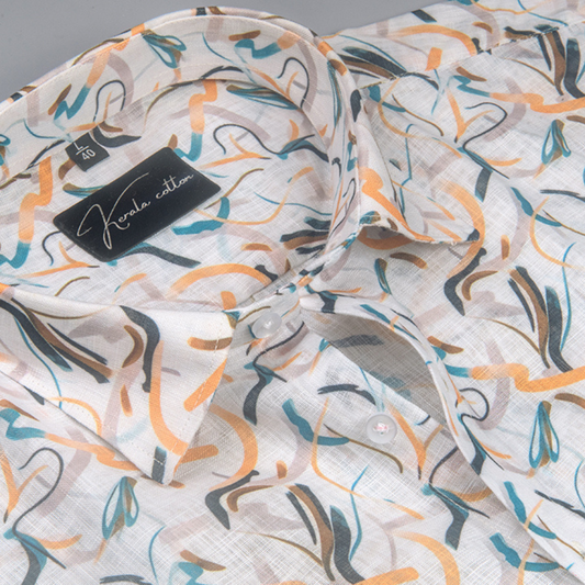 Linen Prime White Yellow Rama Multiple Zickzack Print Shirts for Men