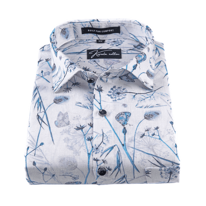 Italian linen White With Blue Flower Print