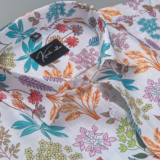 Rusiyano Linen White with Multicolour Flower Print Shirts for Men