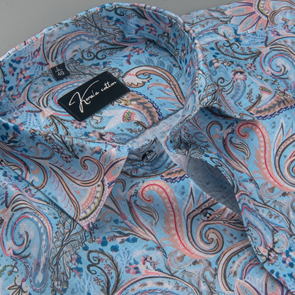Rusiyano Linen Sky Blue With Peach Flower Print Shirts for Men