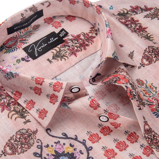 New Italian Linen Light Marrun With Dark Multicolour Flower Print Shirts
