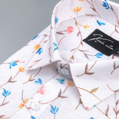 New Italian Linen Cream With Rama Pink Flower Print Shirts