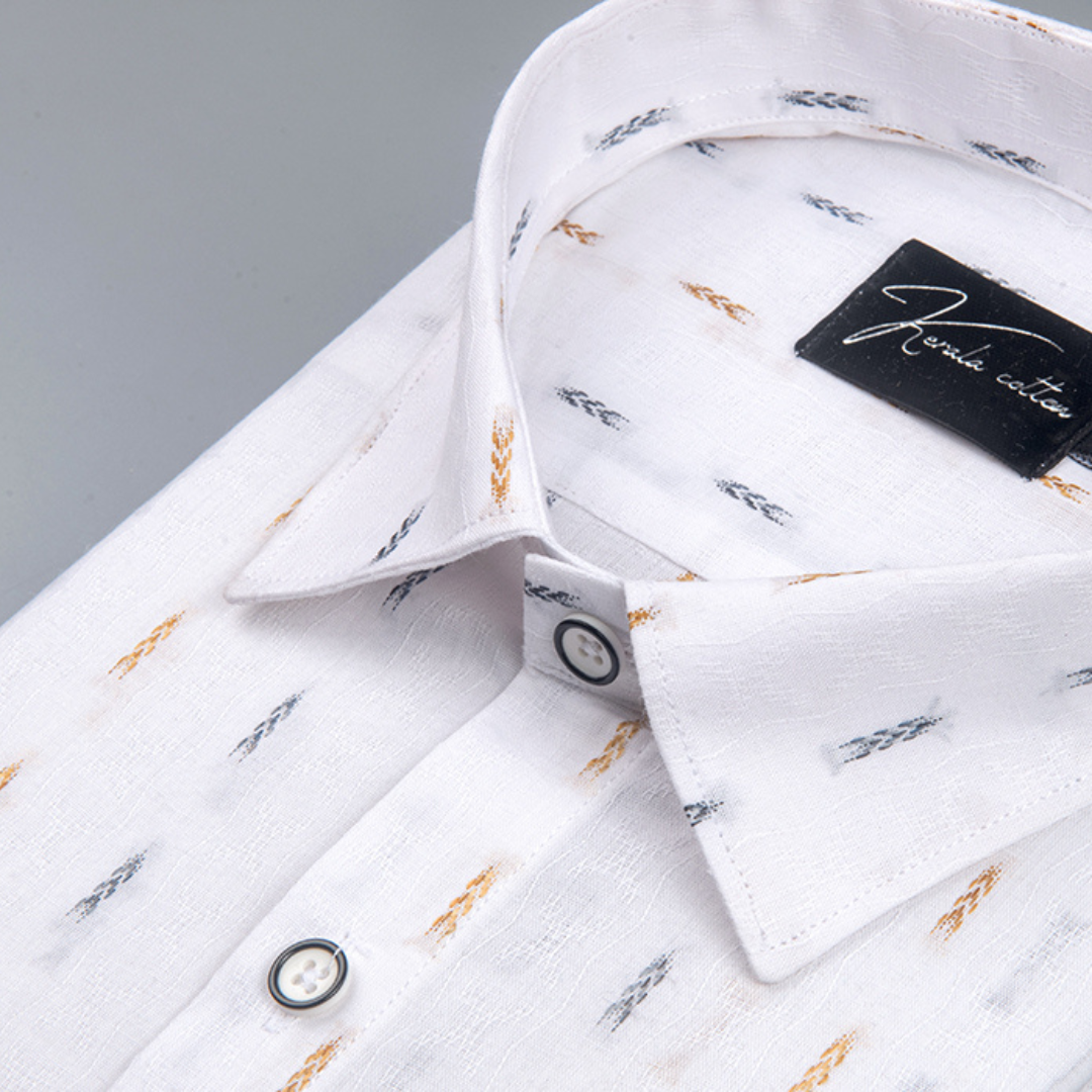 Linen New Butta White Golden Blue Brod Single Line Print Shirts
