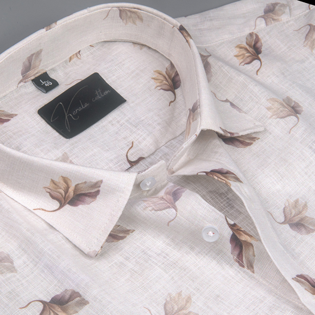 Linen Prime White with Coffee Flower Print Shirts for Men
