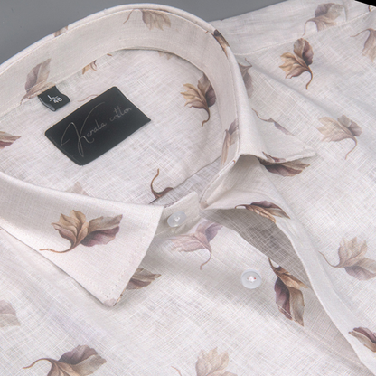 Linen Prime White with Coffee Flower Print Shirts for Men