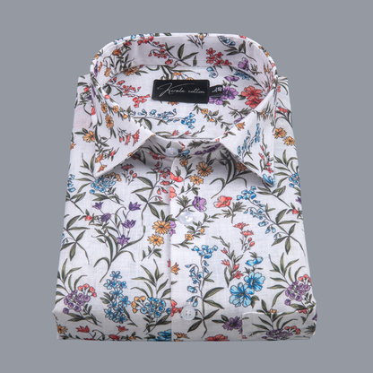 Belgium Soft Linen White Multicolour Flower Print Shirts
