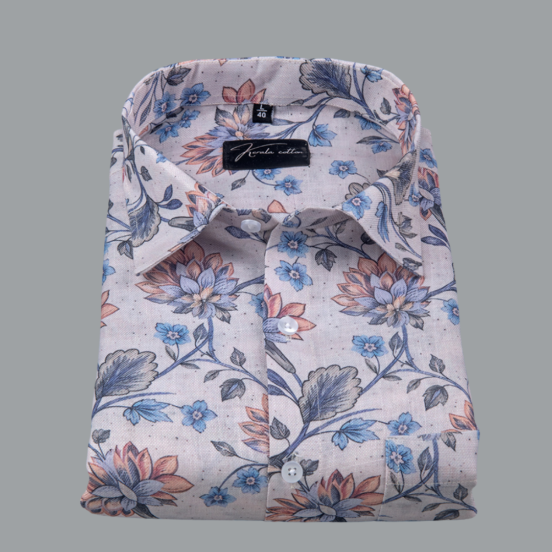 Rusiyano Linen Light Sky with Orange Cluster Flower Print Shirts for Men
