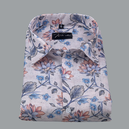 Rusiyano Linen Light Sky with Orange Cluster Flower Print Shirts for Men
