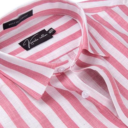 Linen White With Pink Patta Print Shirts For Men
