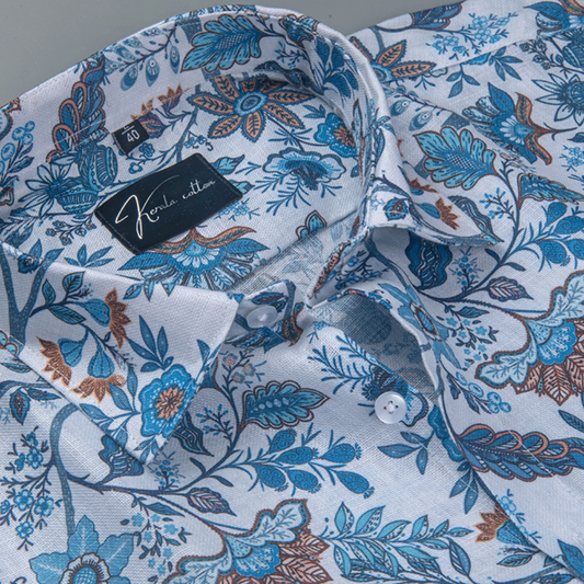 Rusiyano Linen White with Rama Orange Flower Print Shirts for Men