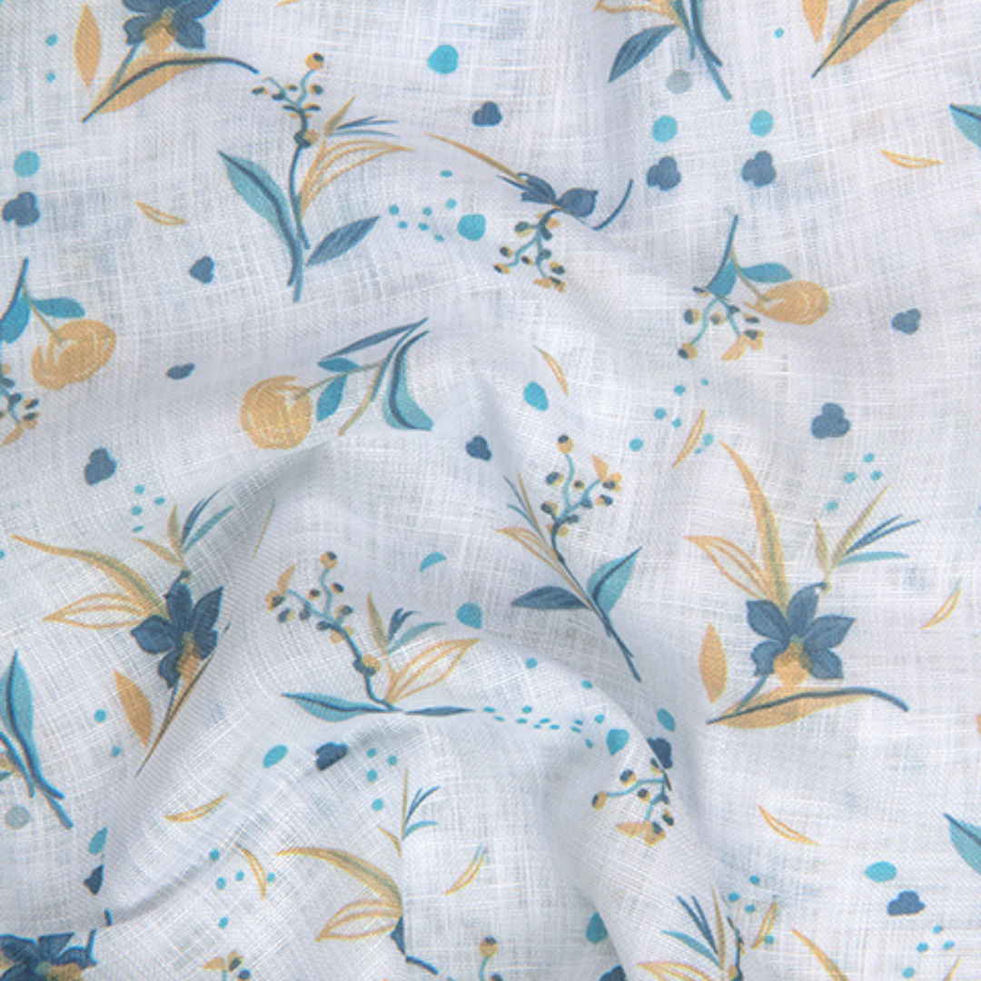 Linen Prime white with Rama Yellow Small Flower Print Shirts for Men