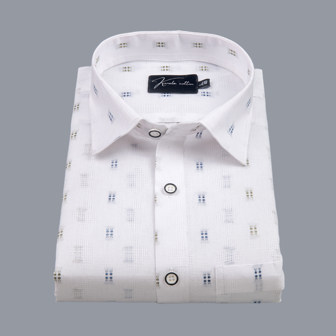 Linen New Butta White Golden with Blue Rectangle Print Shirts