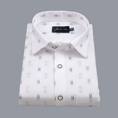 Linen New Butta White Golden with Blue Rectangle Print Shirts