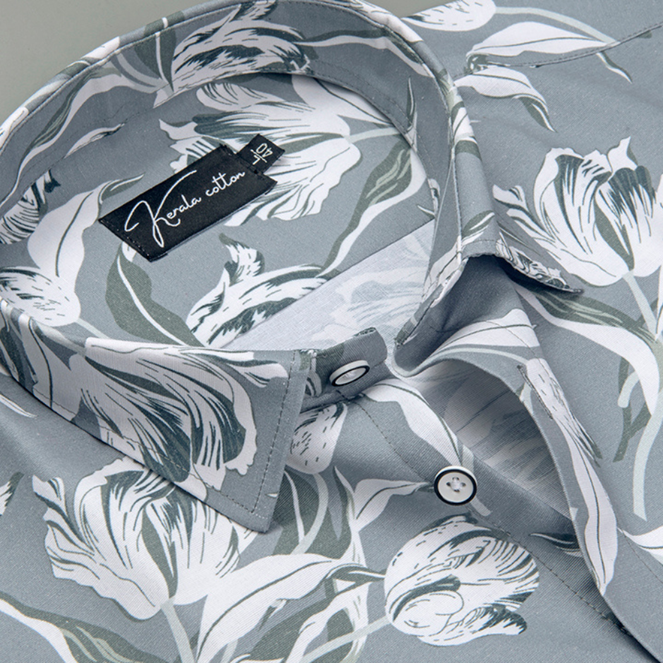 Fancy Melange Light Gray with White flower Print Shirts for Men