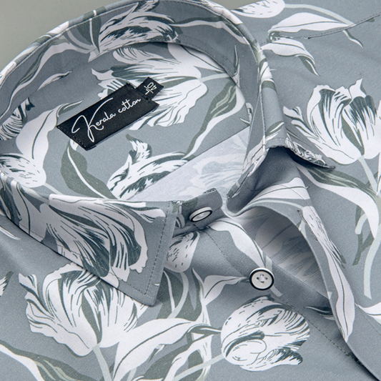 Fancy Melange Light Gray with White flower Print Shirts for Men
