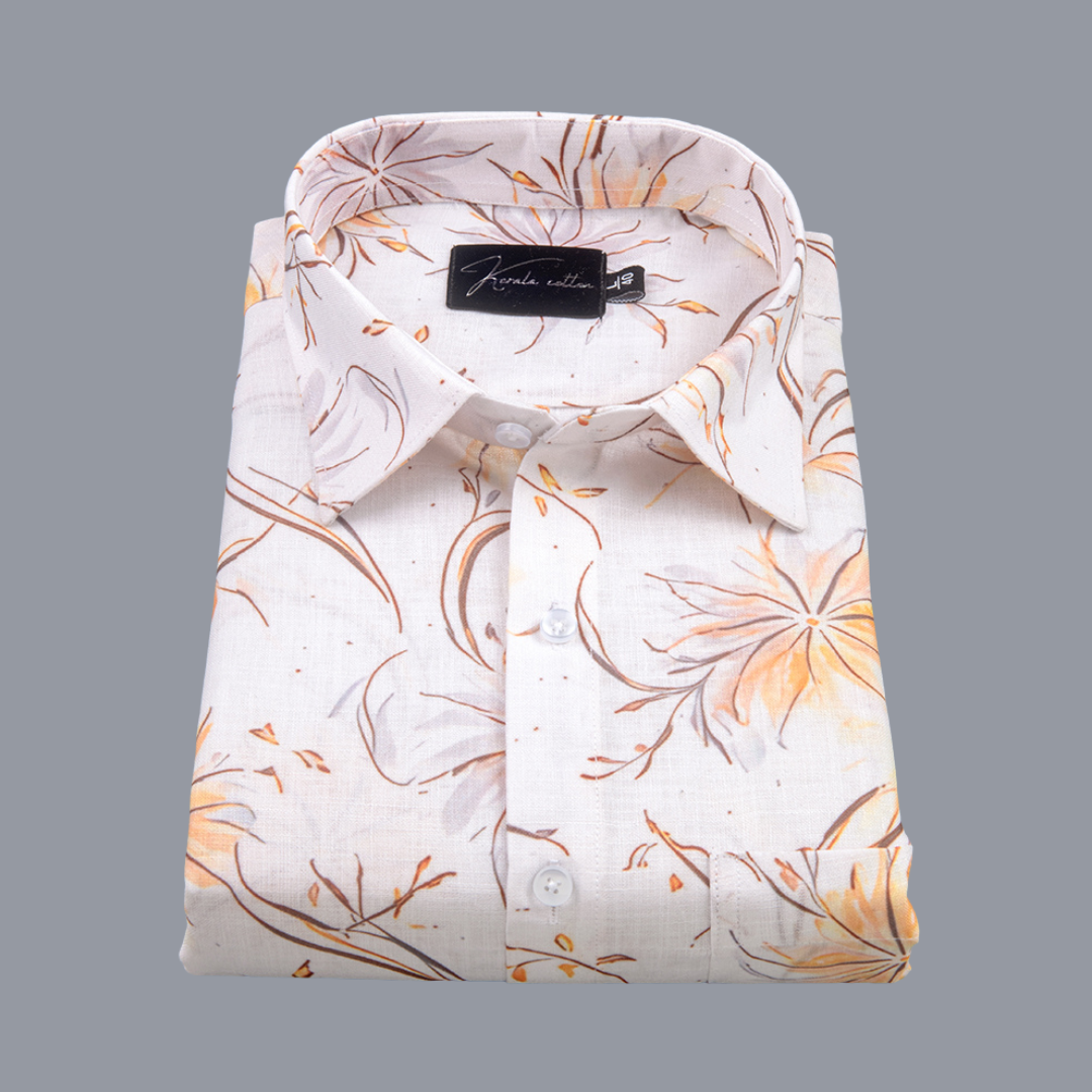Belgium Soft Linen White with Yellow Flowers Print Shirts