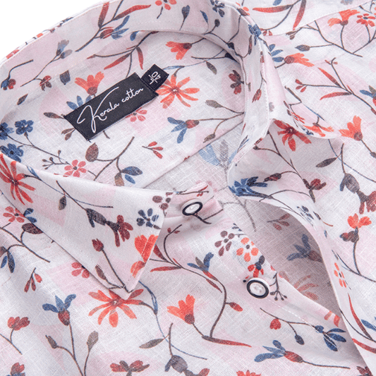 Italian Linen White With Red Blue Mix Printed Shirts