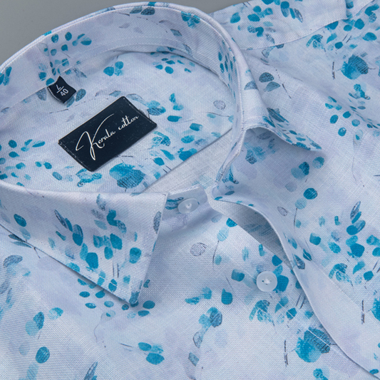 Rusiyano Linen White with Rama Blue Flower Print Shirts for Men