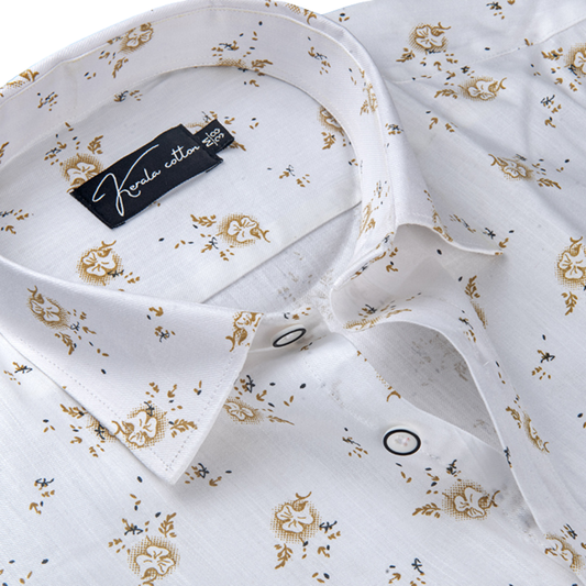 New Turkey Linen White With Golden Yellow Flower Print Shirts