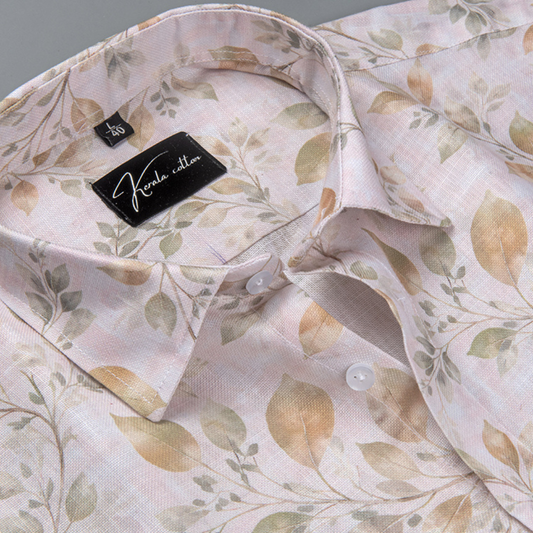 Rusiyano Linen Light Peach Leaf Printed Shirts for Men