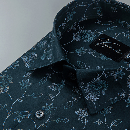 Trident Bottle Green Cotton Print Shirts