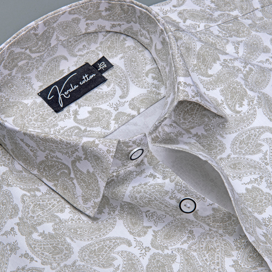 Gloster Cotton White with Fone Pathan Print Shirts for Men