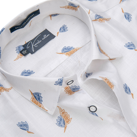 Turkey Linen White With Blue Yellow Print Shirts For Men