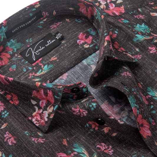 New Italian Linen Black With Red Flower Print Shirts