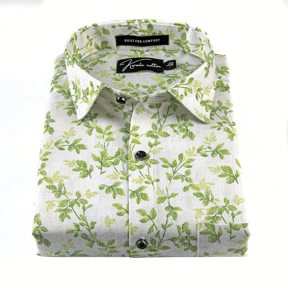 Italian linen White With Green Flower Print