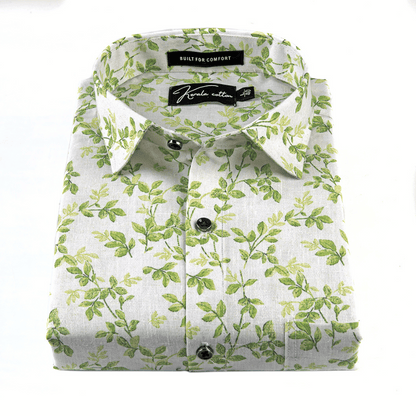 Italian linen White With Green Flower Print
