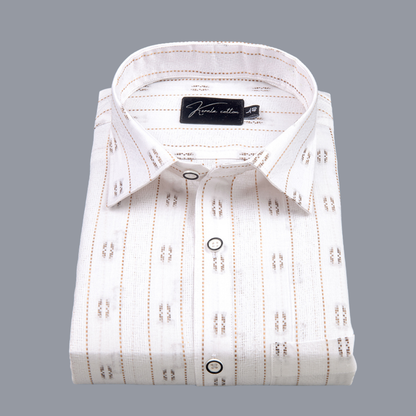 Linen New Butta White with Golden Lining Zari Print Shirts