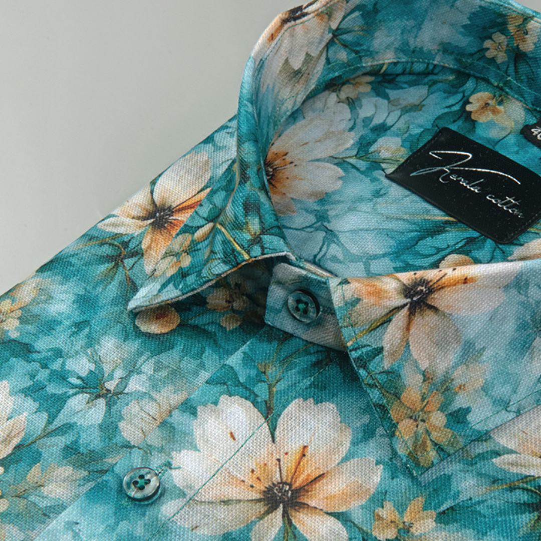 Rusiyano Linen Rama Green flower Print Shirts for Men
