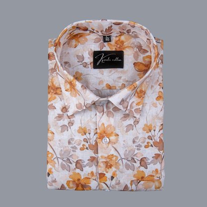 Rusiyano Linen White With Yellow Golden Flower Print Shirts for Men