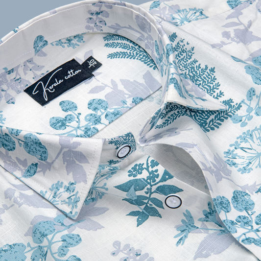 Opal Linen White with Sky Blue Flower Shirts for Men