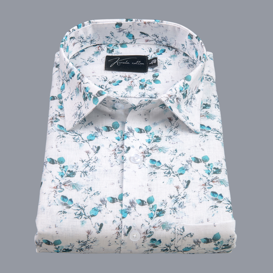 Belgium Soft Linen White with Rama Flower Print Shirts