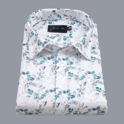 Belgium Soft Linen White with Rama Flower Print Shirts