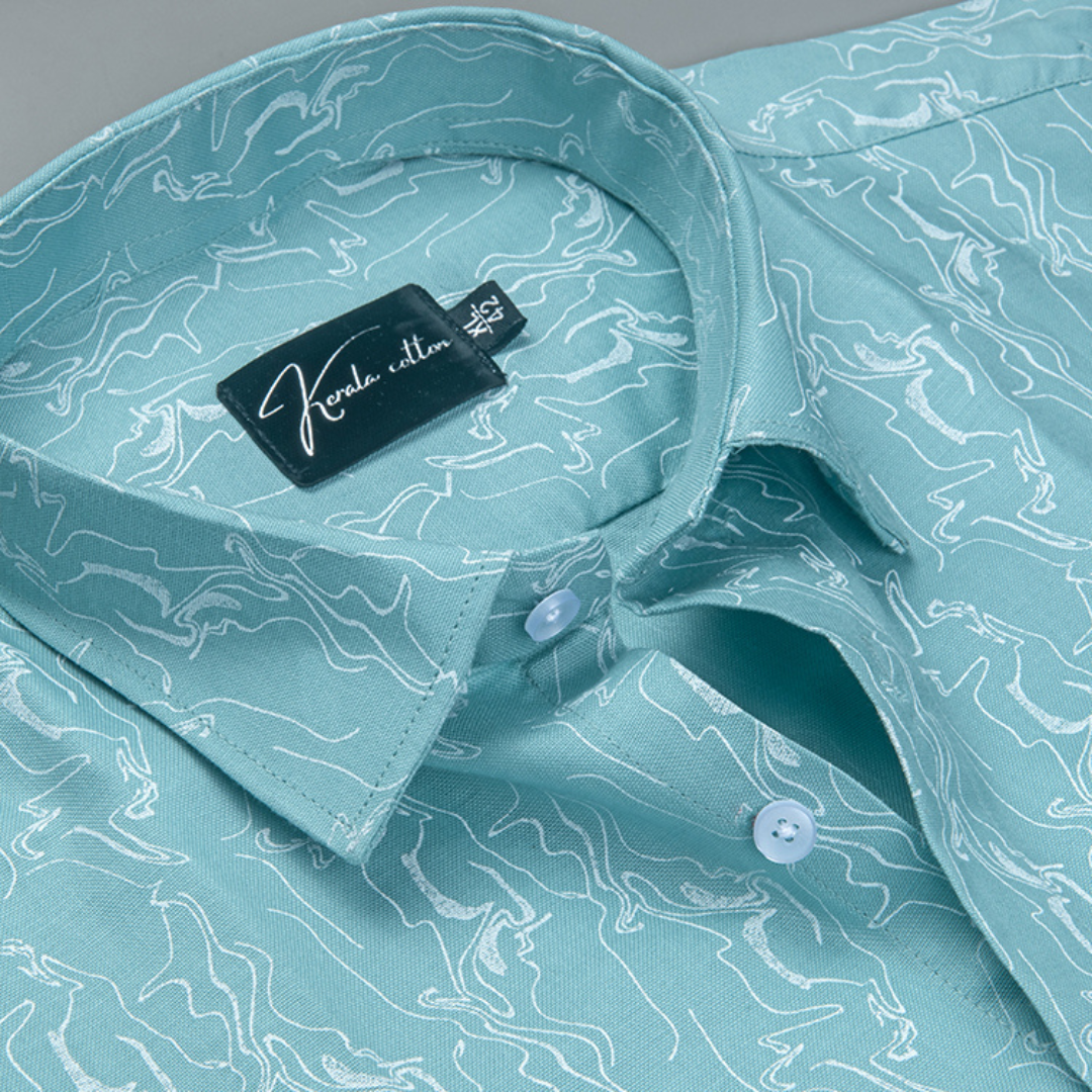 Trident Sky blue white Print Cotton Shirts